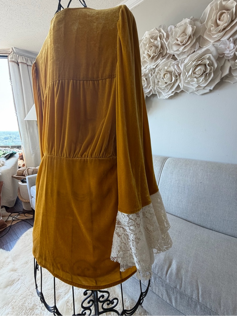 Free People Mustard Velvet Tunic with Cranberry & Green Embroidered V-Neck - Picture 4 of 7